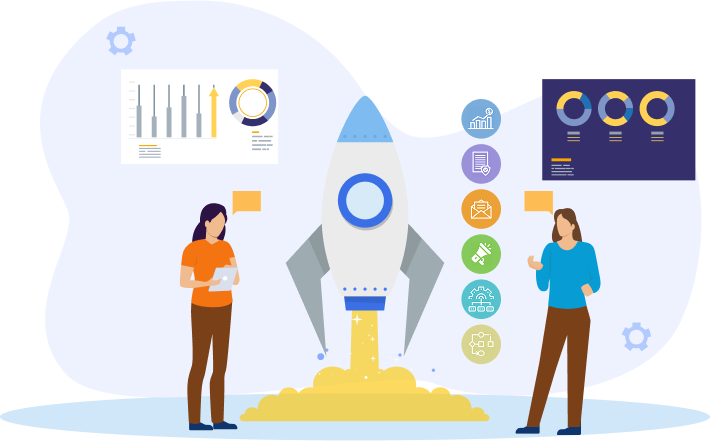 Illustration of two business professionals using data analysis to plan a successful launch