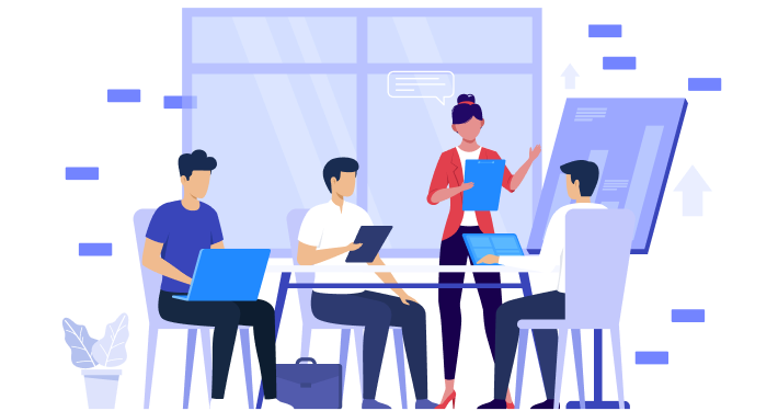 A group of professionals in an office setting, collaborating and discussing data on a whiteboard