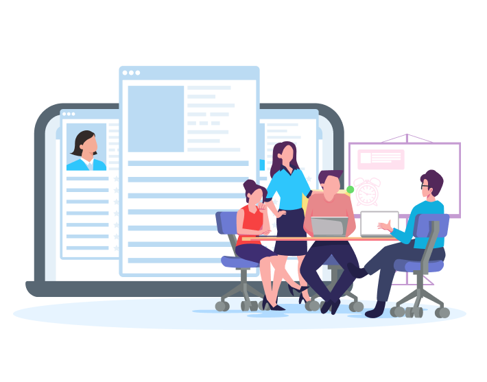 Illustration of people reviewing resumes and discussing hiring goals